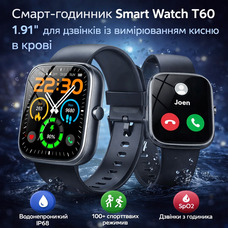 Смарт-годинник Matast T60, 1.91" з Bluetooth-дзвінками, IP68, моніторингом здоров’я та 100+ спортивними режимами