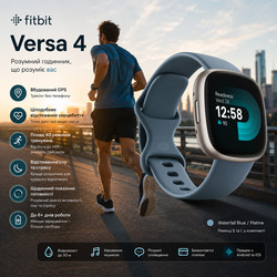 Смарт-годинник Fitbit Versa 4 Waterfall Blue/Platinum: GPS, 40+ режимів тренувань, моніторинг стресу та сну, NFC