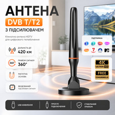 Антена DVBT/DVBT2 з підсилювачем - Кімнатна антена HDTV для телебачення, дальність дії 420 км та прийом 360°, з магнітною основою
