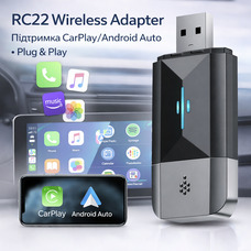 Бездротовий адаптер CarPlay та Android Auto LAMTTO RC22: Wi-Fi 5.8GHz, Plug & Play, Автопідключення, для 99% авто (Black)