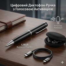 Цифровий професійний диктофон-ручка 128 ГБ: запис 1536 кбіт/с, активація голосом, шумозаглушення, MP3-плеєр, Чорний
