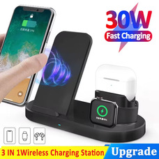 Швидкісна бездротова зарядка 30W 3в1 для телефону iPhone/навушників AirPods/годин Apple Watch