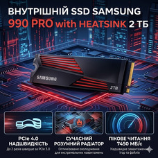Уцінка SSD Samsung 990 PRO Heatsink 2TB PCIe 4.0 NVMe M.2, 7450MB/s, для PS5 та ПК