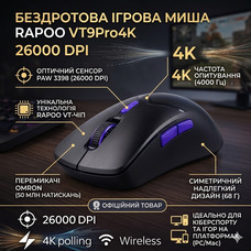 Бездротова ігрова миша RAPOO VT9Pro 4K Black: 26000 DPI, частота 4000 Гц, сенсор PAW 3398, 68г, до 180 год роботи, 10 кнопок