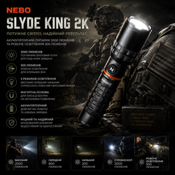 Акумуляторний ліхтар Nebo Slyde King 2K Сталево-сірий: тактичний світлодіодний ліхтарик 2000 лм, магнітний, IP67