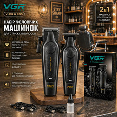 Професійний набір для стрижки VGR V-197+995: бездротова машинка та тример, керамічні леза, 10 насадок, 500 хв роботи
