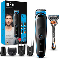 СТОК Braun All-in-one Trimmer 3 MGK3245, тример для бороди 7-в-1 для чоловіків, машинка для стрижки волосся, чорний/синій