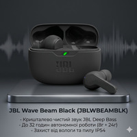 Бездротові навушники JBL Wave Beam Black (JBLWBEAMBLK) TWS: Deep Bass Sound, IP54, 32 години автономності