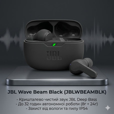 Бездротові навушники JBL Wave Beam Black (JBLWBEAMBLK) TWS: Deep Bass Sound, IP54, 32 години автономності