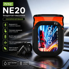 Бездротові навушники HTC NE20 Black: Bluetooth 6.0, шумопоглинання ENC, сенсорне керування, вологозахист IPX4, до 20 год звуку