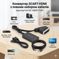 Конвертер SCART-HDMI 1080P з HDMI та USB кабелем | Адаптер відео-аудіо Full HD для ТВ, проектора, PS3, DVD
