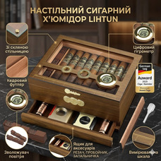 Коробка для сигар Настільний сигарний х'юмідор Кедр Цифровий гігрометр, Скляна кришка, Шухляда для аксесуарів — Подарунковий набір
