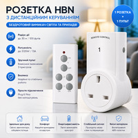 Розумна розетка HBN з дистанційним керуванням та пультом: Бездротовий вимикач 13A/3120W, радіус 30м, захист техніки (1+1)