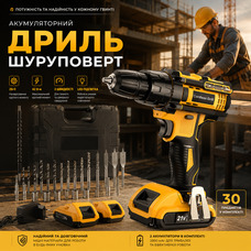 Акумуляторний ударний дриль-шуруповерт JYGMPRO 21V: 42 Н·м, 2 АКБ 2.0 Аг, 25+3 режими, кейс та набір 30 одиниць