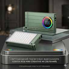 Відеосвітло Godox RGB Mini Creative M1 Green: Акумуляторне LED-світло 2500K-8500K, CRI 97, 15 FX-ефектів, Зелений