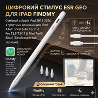 Стилус ESR Geo для iPad з підтримкою Find My: Full HD точність, нахил, швидка зарядка USB-C, магнітне кріплення, Білий