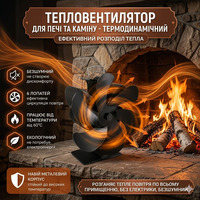 Вентилятор для каміна термодинамічний DY405 на 6 лопатей: Тепловентилятор для печі без електрики, безшумний, анодований алюміній