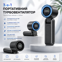 Портативний ручний вентилятор турбовентилятор Mitreal 3-в-1 Чорний складаний міні-вентилятор з акумулятором 5000 мАг та LCD-диспле