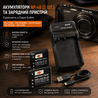 Комплект акумуляторів DSTE NP-40 (2 шт.) та зарядний пристрій для Casio Exilim EX-FC150, EX-Z400, 1700 mAh