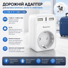 Дорожній адаптер-перехідник Sameriver Type G (UK) з 2 USB та USB-C (3A): Універсальний зарядний пристрій 3250W для Англії та Ірлан
